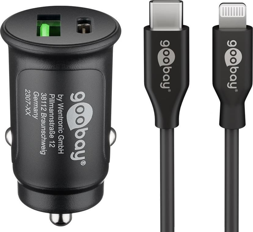 Goobay 72166 Dubbele USB-autolader met snellaadfunctie en Lightning-kabel, 27 W, zwart, 1 meter