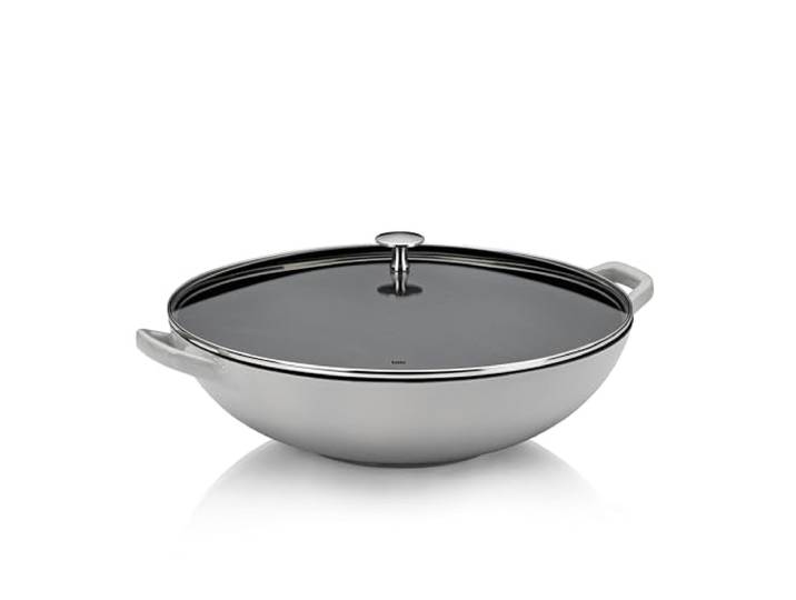 kela Gusseisen Wok mit Glasdeckel, 36 cm, Calido, Wokpfanne Induktion, grau 4l, emailliert, Für alle Herdarten geeignet, gute Wärmespeicherung, ideal für schnelles Anbraten und schonendes Weitergaren