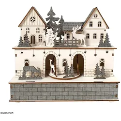HTI-Living, Weihnachtsbeleuchtung, Weihnachtshaus Weiss Grau mit beweglichen Figuren