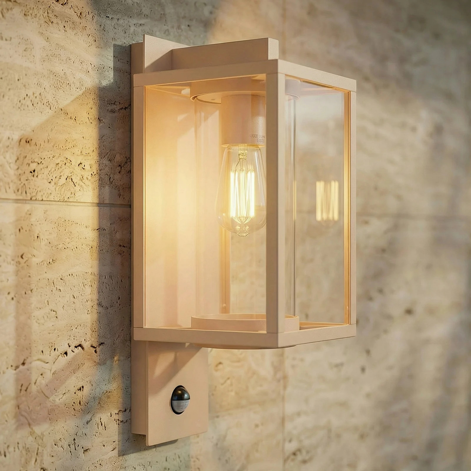 Lucande Ferda moderne buitenwandlamp met bewegingssensor, beige, aluminium en glas, dimbaar