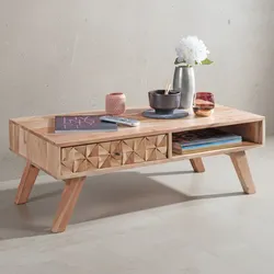 KADIMA DESIGN Moderner Landhaus-Stil Couchtisch, massives Holz, Schublade, Ablagefach, 95x35x50 cm
