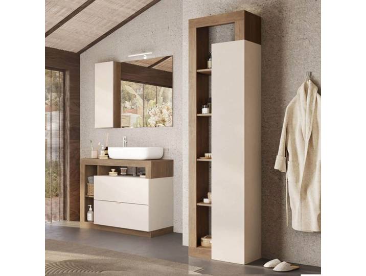 Ensemble meuble vasque 92cm + colonne Cachemire et aspect bois Mercure - ARTURO