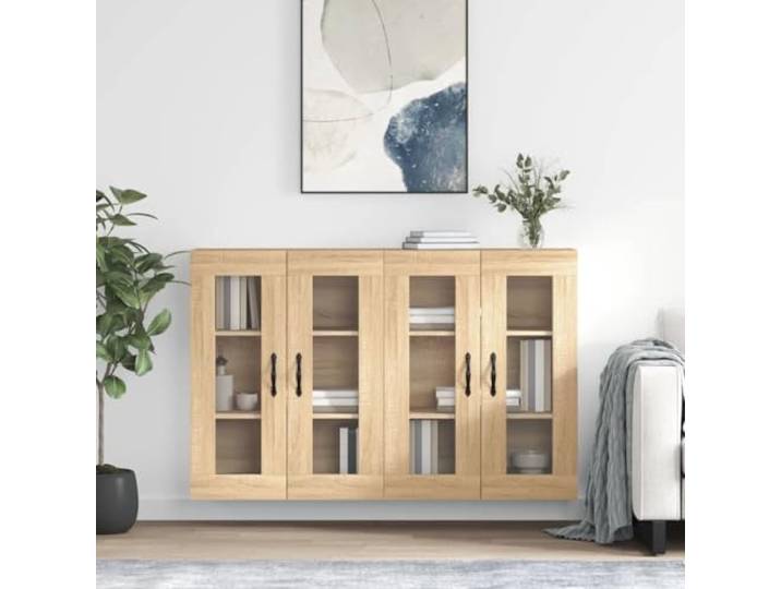 HEFZGDB Wandschränke 2 STK. Sonoma-Eiche Holzwerkstoff mit Glastüren, Hängeschrank für zusätzlichen Stauraum, praktische Aufbewahrungslösung als Sideboard-Aufsatz, Wandmontage Schrank