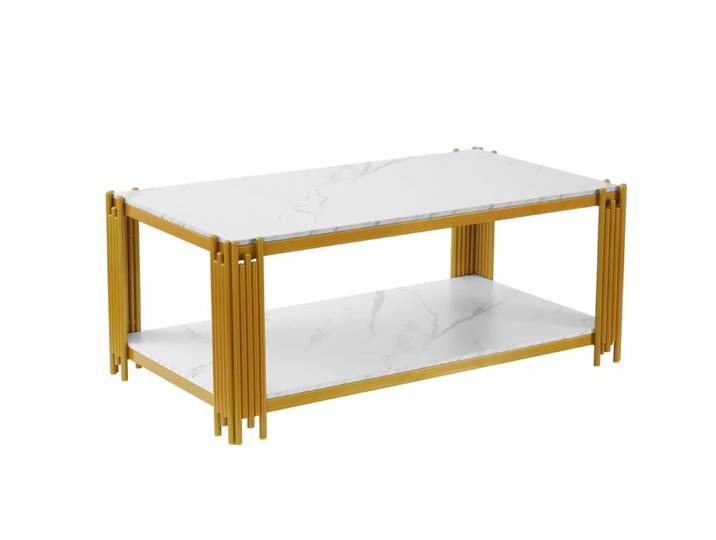 Table Basse blanche moderne rectangulaire Marbre -114x64x46 CM Table de Salon avec Cadre en Métal Doré