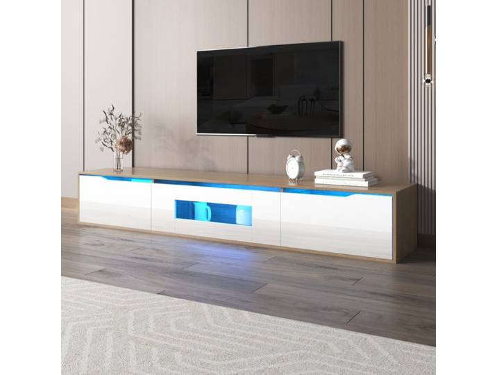 Meuble TV suspendu 180cm meuble TV LED avec 3 portes minimaliste avec espace de rangement meuble TV bas pour salon blanc brillant
