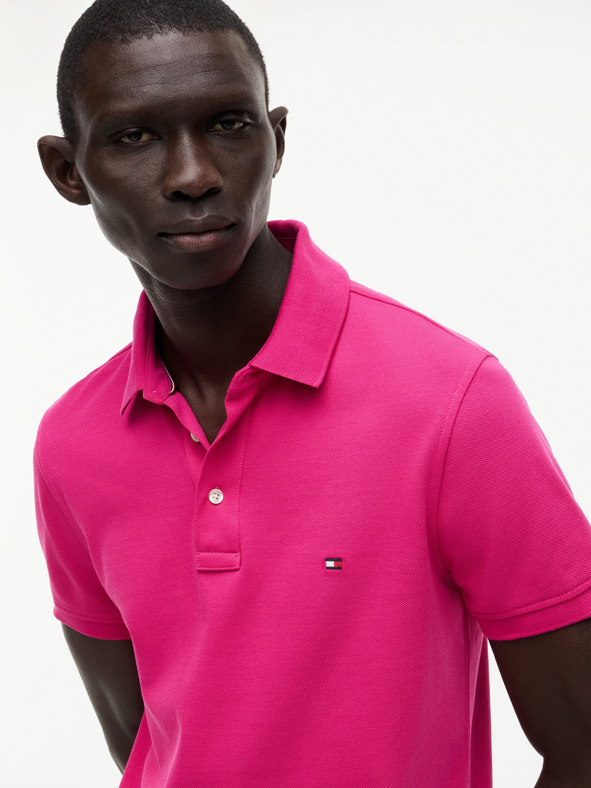 Poloshirt TOMMY HILFIGER "1985 SLIM POLO", Herren, Gr. S, pink (eccentric magenta), Piqué, Obermaterial: 96% Baumwolle, 4% Elasthan, Shirts Poloshirt, Markenstickerei, aus Baumwoll-Piqué eccentric magenta S