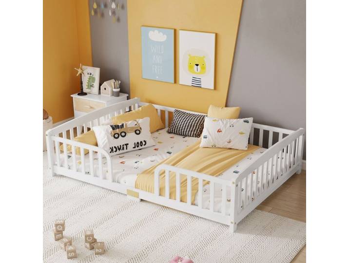 Lit au sol enfant 140x200 cm IVMEU avec barrières de sécurité accès central blanc pin