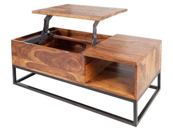 Table basse ORBO en bois massif 110 cm – Plateau relevable et rangements intégrés