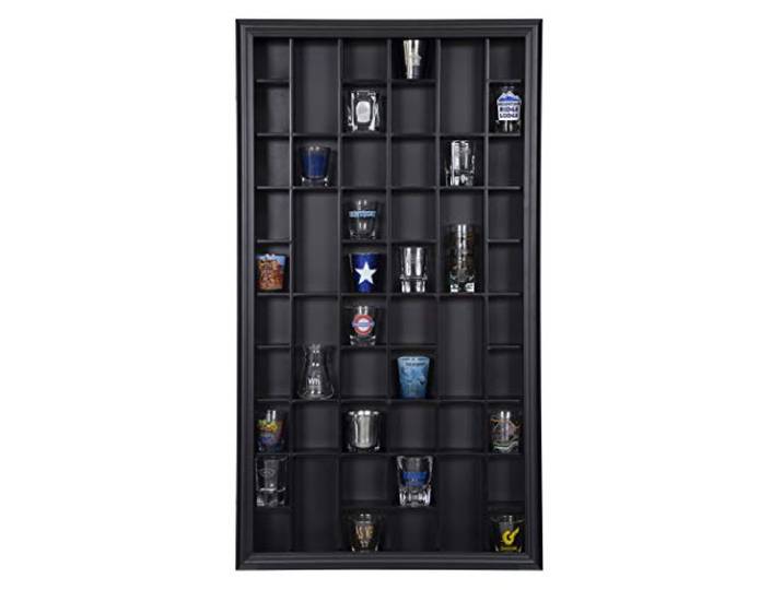 Gallery Solutions, schwarze wandmontierte - Vitrine für Sammlerstücke & Schnapsgläser, 43,2 x 81,3 cm, Glastür, Barzubehör, Sammlerstück, Miniatur-Glaswaren, Barzubehör