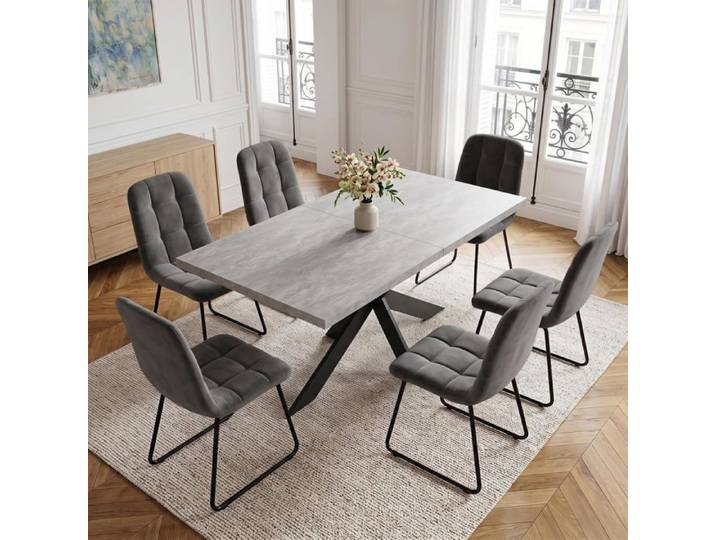 Ensemble JIEXI de table à manger extensible et 6 chaises en velours gris 160-200 cm