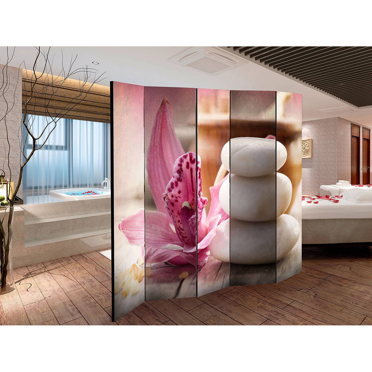 home24 Kamerscherm Aromatherapy 5-delig met beukenhout en vlies, Meerkleurig, B 225 cm x H 172 cm