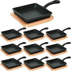 10x WAS Germany Mini Servierpfanne mit Holzuntersetzer und Stielgriff 14,5 x 14,5 x 2,5 cm Gusseisen