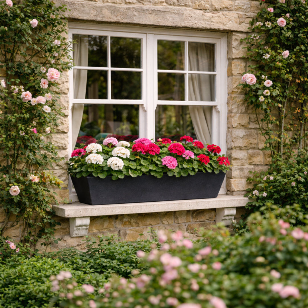 Dakota Fields Bini Window Box, Contemporary Concrete Effect Plant Pot, Outdoor Windowsill Planter with Drainage Plug Black 16cm H x 19cm W x 50cm D