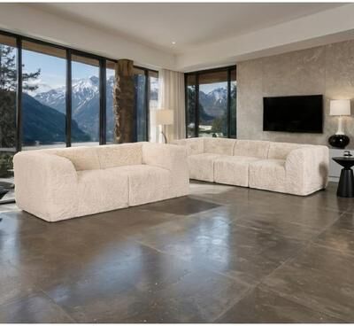 Esofastore 2pc Modern Sand Finish Faux Fur Compressed Sofa Furniture Set