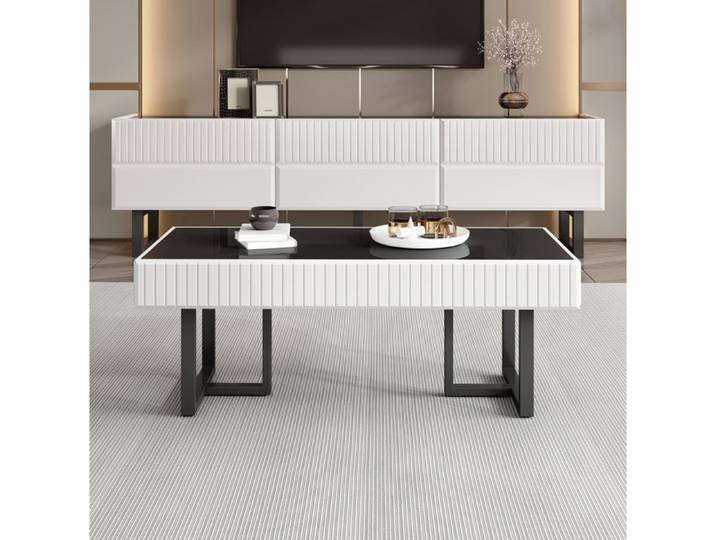 MEUBLIV Ensemble table basse et meuble TV noir et blanc finition brillante rangements intégrés