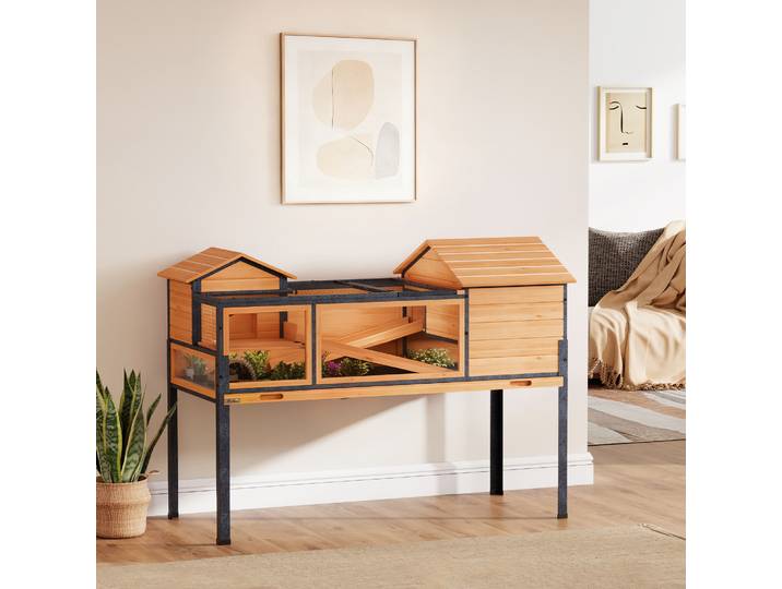 PawHut Maison Tortue 2 Étages Bois Jaune avec Rampes