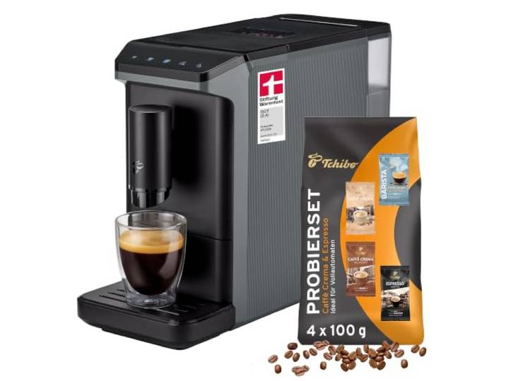 Tchibo Kaffeevollautomat Esperto mini, Grau, Kaffeeprobierset gratis Zubereitung von Espresso, Caffè Crema und Caffè XL, kompakt mit nur 16 cm Breite, 1,1 l Wassertank, einfache Reinigung