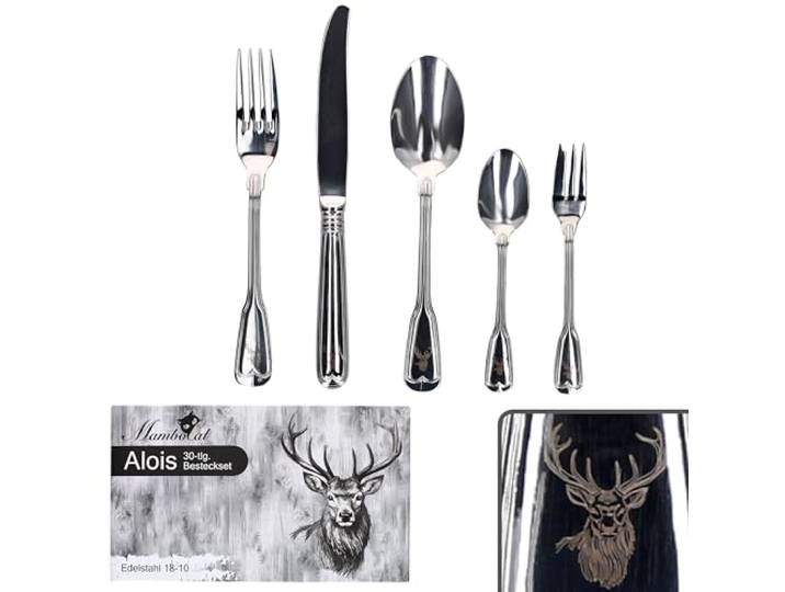 MamboCat Alois 30tlg Komplett-Besteck-Set I für 6 Personen I Augsburger Faden mit Hirsch-Design I aus rostfreiem poliertem 18/10 Edelstahl & Klingenstahl I Gabel, Messer & Löffel