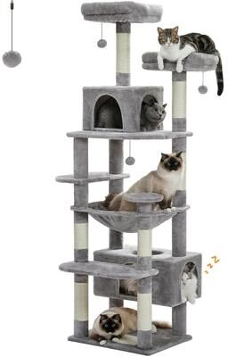 Uplift Essentials Multi Level Indoor Cat Tree Tower With Hammock & Scratching Board grey