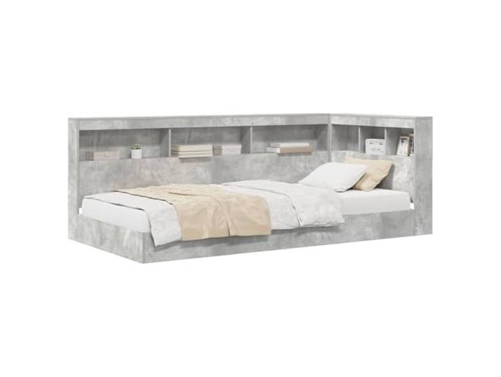 PUGYNBK Bett mit Regal, Grau, 75 x 190 cm Robustes Holz, Kopfteil mit Aufbewahrung, platzsparend, einfache Reinigung