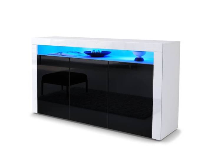 Vladon Buffet Commode Valencia en Blanc mat - Noir haute brillance - Blanc haute brillance