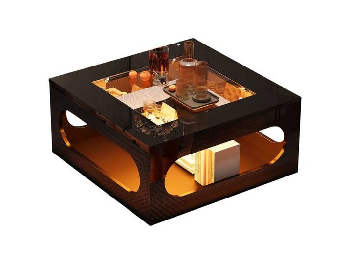 Table de salon carrée 70 * 70 * 35cm table basse évidée au milieu table à thé en verre trempé table D'appoint LED haute
