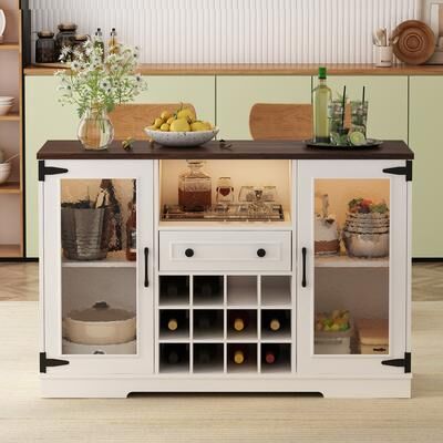 GREATPLANINC Freestanding Sideboard LED Wine Cabinet with Drop Leaf and Wine Rack