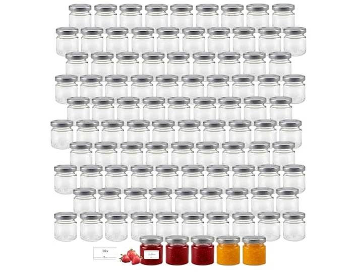 mikken 100 Mini Marmeladengläser 53ml mit silbernem Deckel inkl. Etiketten – kleine Einmachgläser für Marmelade, Honig, Geschenke, Basteln & Aufbewahrung (100)