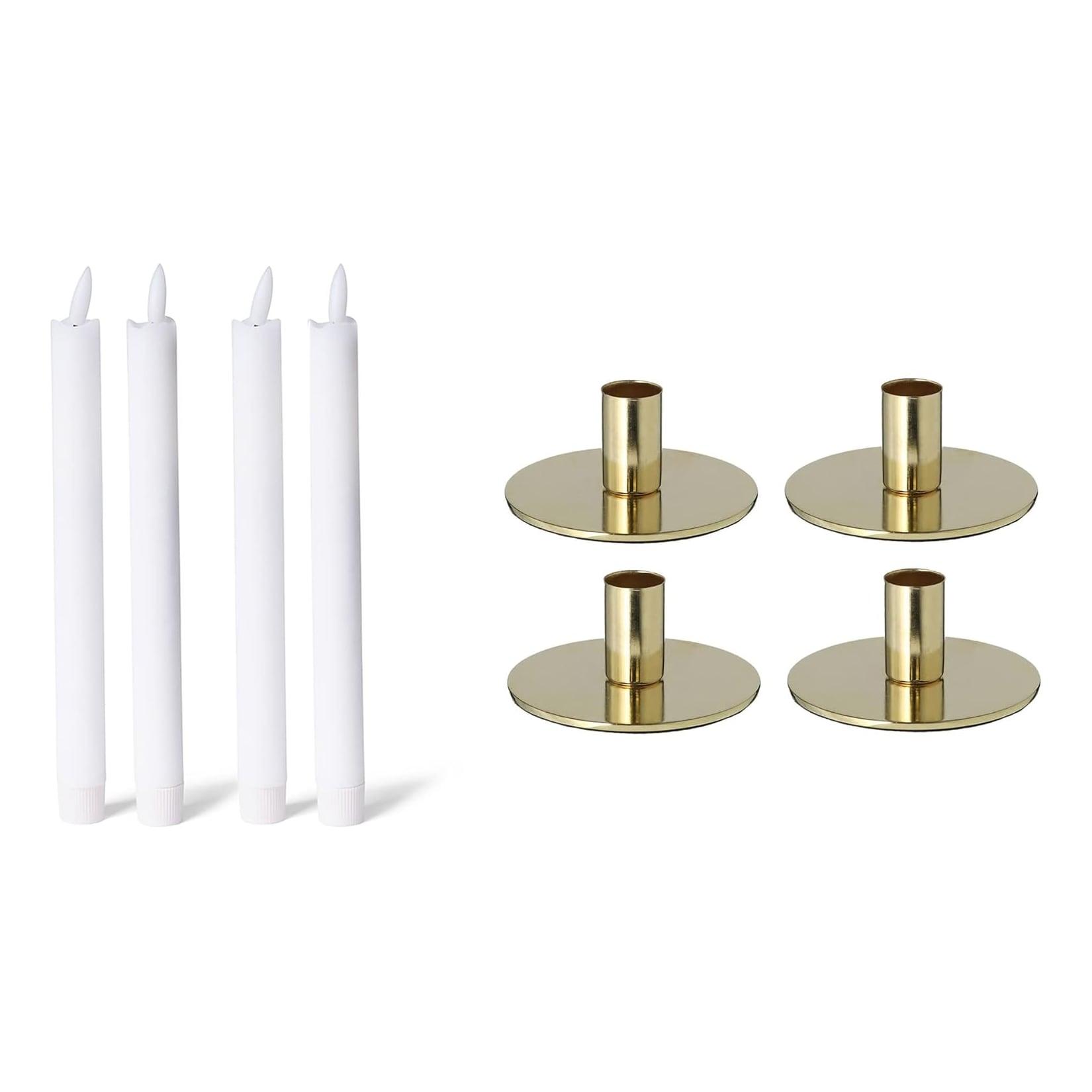 Novaliv 4er-Set Stabkerzenhalter Metall Gold 10x5cm mit Premium LED Stabkerze Echtwachskerze Tafelkerze flammenlos batteriebetrieben Home Deko weihnachtliche Tischdeko Kerzenständer Kerzenpin