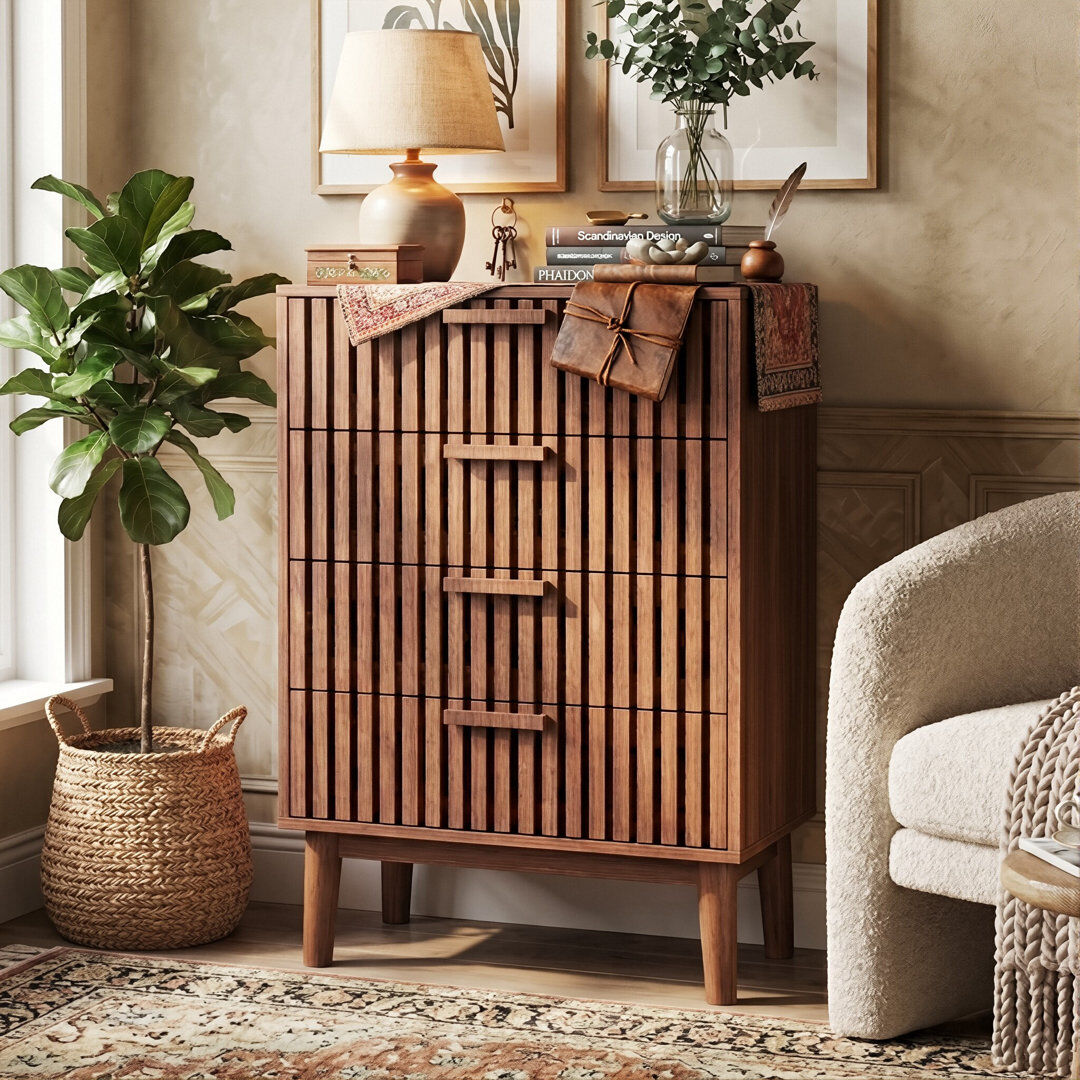 17 Stories 60cm W 4-Drawer Chest with Slatted-Designed Drawers, Narrow Nordic Dresser with Hollow Panels & Tapered Legs, Walnut / Natural Walnut 91cm H X 60cm W X 34cm D
