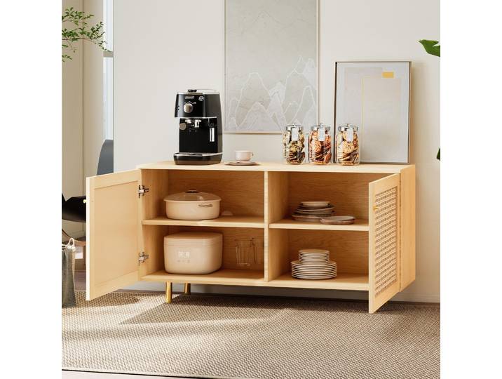 STILVORA Sideboard mit Korbgeflecht-Türen und natürlicher Holzoptik sowie goldenen Griffen, Aufbewahrungsschrank mit zwei Türen und funktionalem Stauraum, Beistellschrank im rustikalen Design mit Metallbeinen, Naturholzoptik