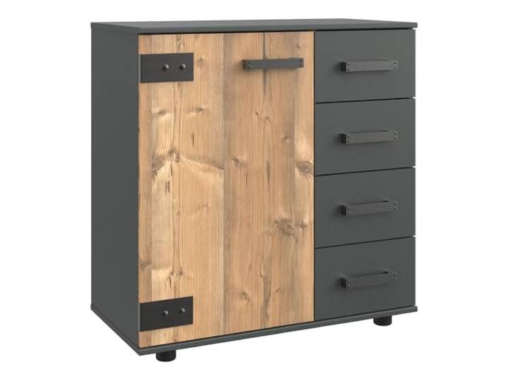 Lomadox Kommode Industrial Look Sideboard Anrichte Kommode Schrank Aufbewahrungsschrank 1 Tür 4 Schubladen Graphit Fichte 81x83x41 cm