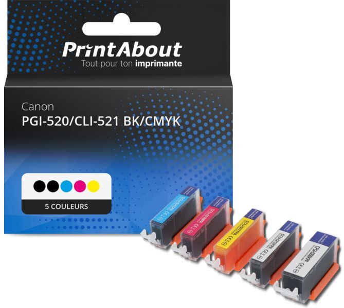 PrintAbout Cartouche compatible Canon PGI-520/CLI-521 BK/CMYK - 5 couleurs - Multipack 5 couleurs