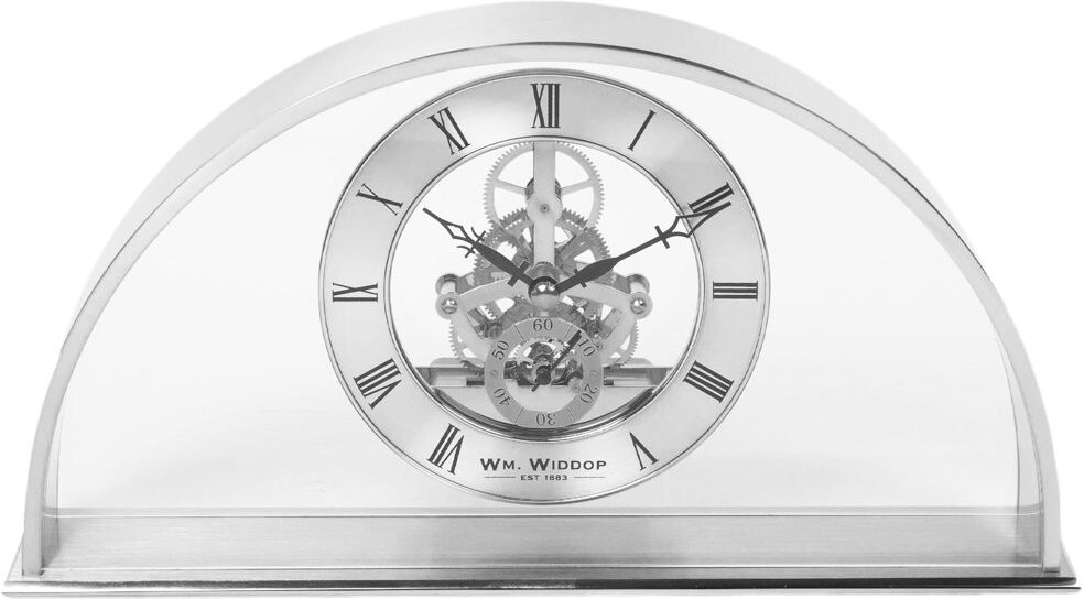 Wm Widdop Roman Numeral Metal Quartz movement / Crystal Tabletop Clock Silver 14cm H X 27cm W X 6.5cm D