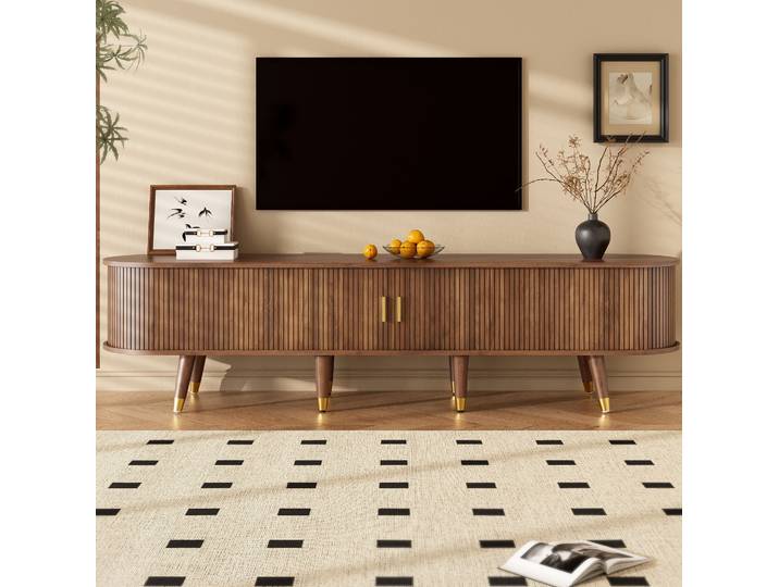 Meuble Tv 175x38x45 Cm Walnut En Mdf Avec Porte Coulissante En Rotin Et Grand Rangement