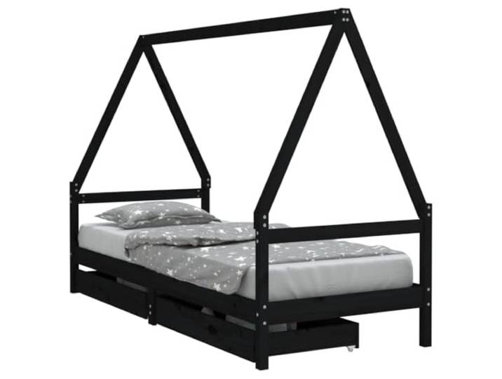 mit Schubladen Schwarz 90x200 cm Massivholz Kiefer Massives Kiefernholz, Holzlatten, Hausbett-Design, Aufbewahrungsschubladen, niedrige Einstiegshöhe, 90x200 cm