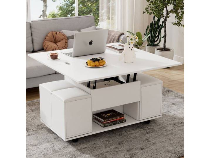 Table basse multifonctionnelle - AUTREMENT - Réglable en hauteur - 100 x 100 cm - 2 tiroirs - Blanc