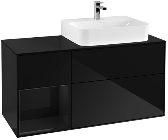 Villeroy und Boch Finion Waschtischunterschrank F142PHPH 120cm, Abdeckplatte Glass Black Matt, Regal links Glossy Black Lacquer, Glossy Black Lacquer