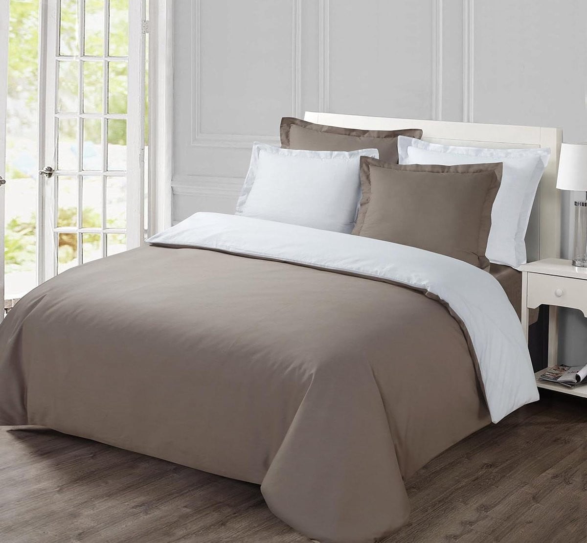 Omkeerbaar Tweekleurig Dekbedovertrek Set Taupe Wit - 200 x 200 cm