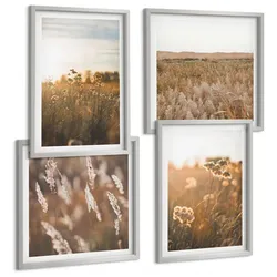 BILDER SET 4er Set - 50x50 cm & 40x60 cm Silberner Rahmen - Sommerwiesenblumen Sonnenuntergang