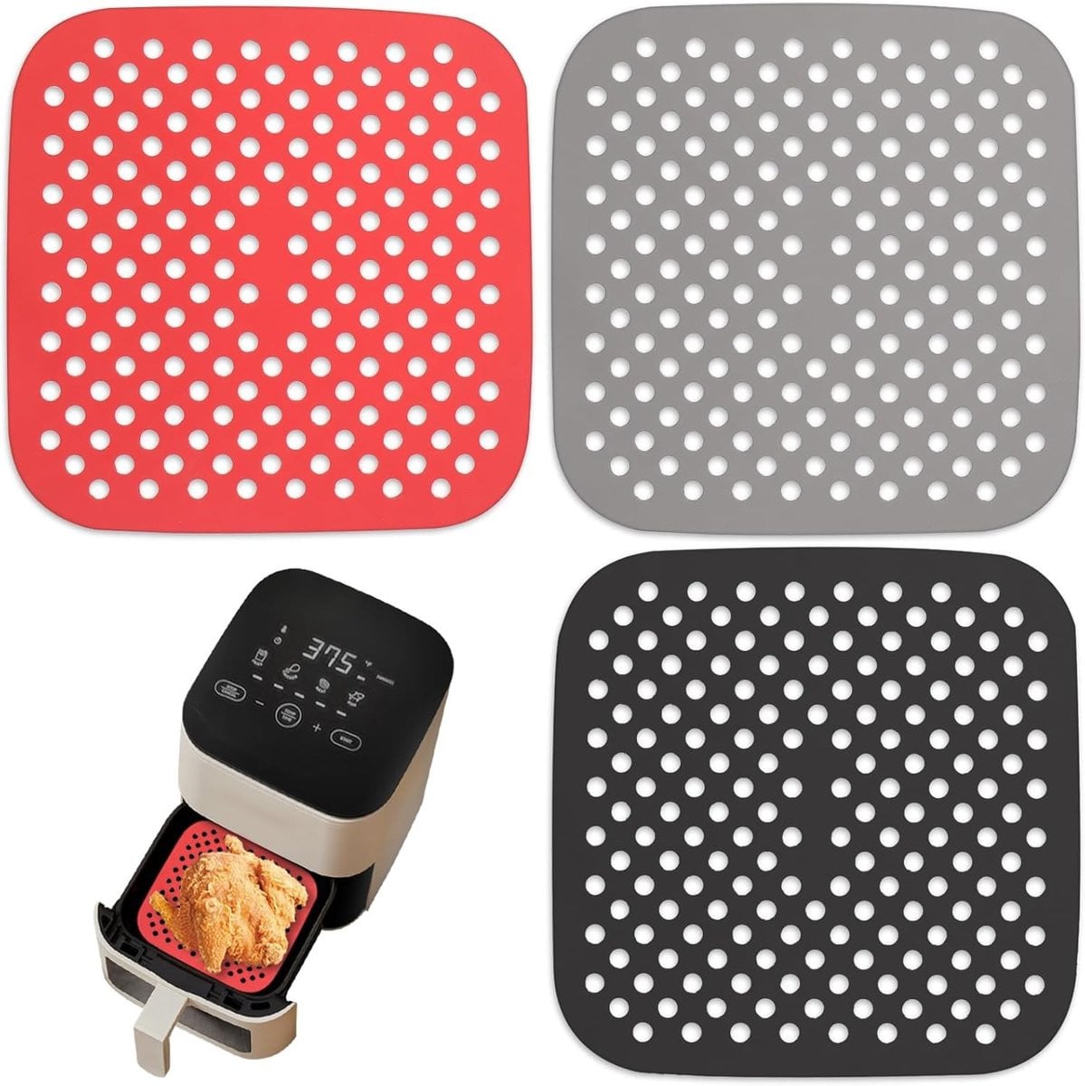 Set van 3 herbruikbare siliconen matten voor airfryer, antiaanbak liners, 21,5 cm vierkant