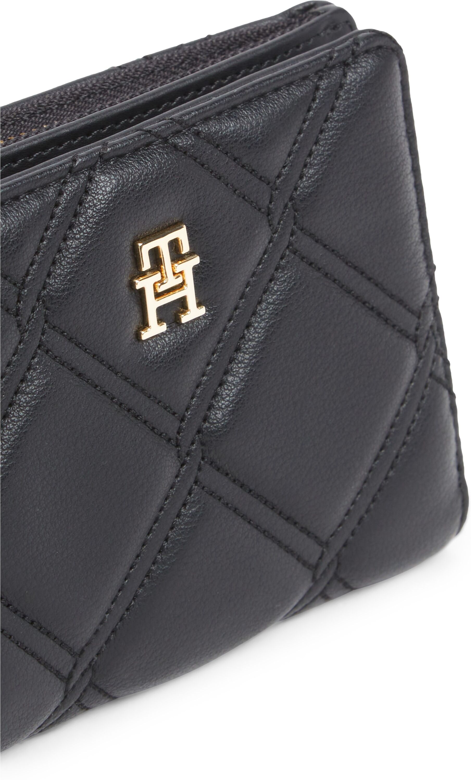Geldbörse TOMMY HILFIGER "TH FEMININE BIFOLD", Damen, schwarz, Lederimitat, Kleinlederwaren Geldbörse, Damen Geldbeutel, Portemonnaie mit goldfarbenem TH-Logoelement schwarz Einheitsgröße