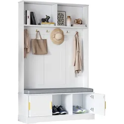 Garderobenständer mit Schuhbank 120x40x191, 6 Haken und Ablage für Jacken, Mützen und Taschen, Platzsparendes Design, Weiß