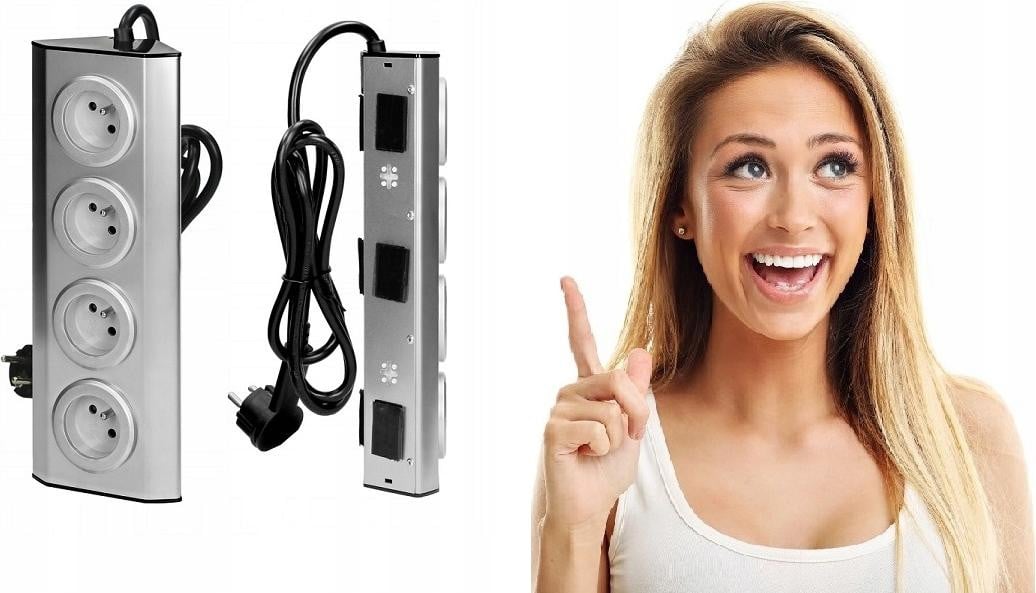 Virone Inbouwstopcontact voor Meubels Type 4x2P+Z met Roestvrijstalen Afwerking en 1,5 meter Kabel voor in de Keuken