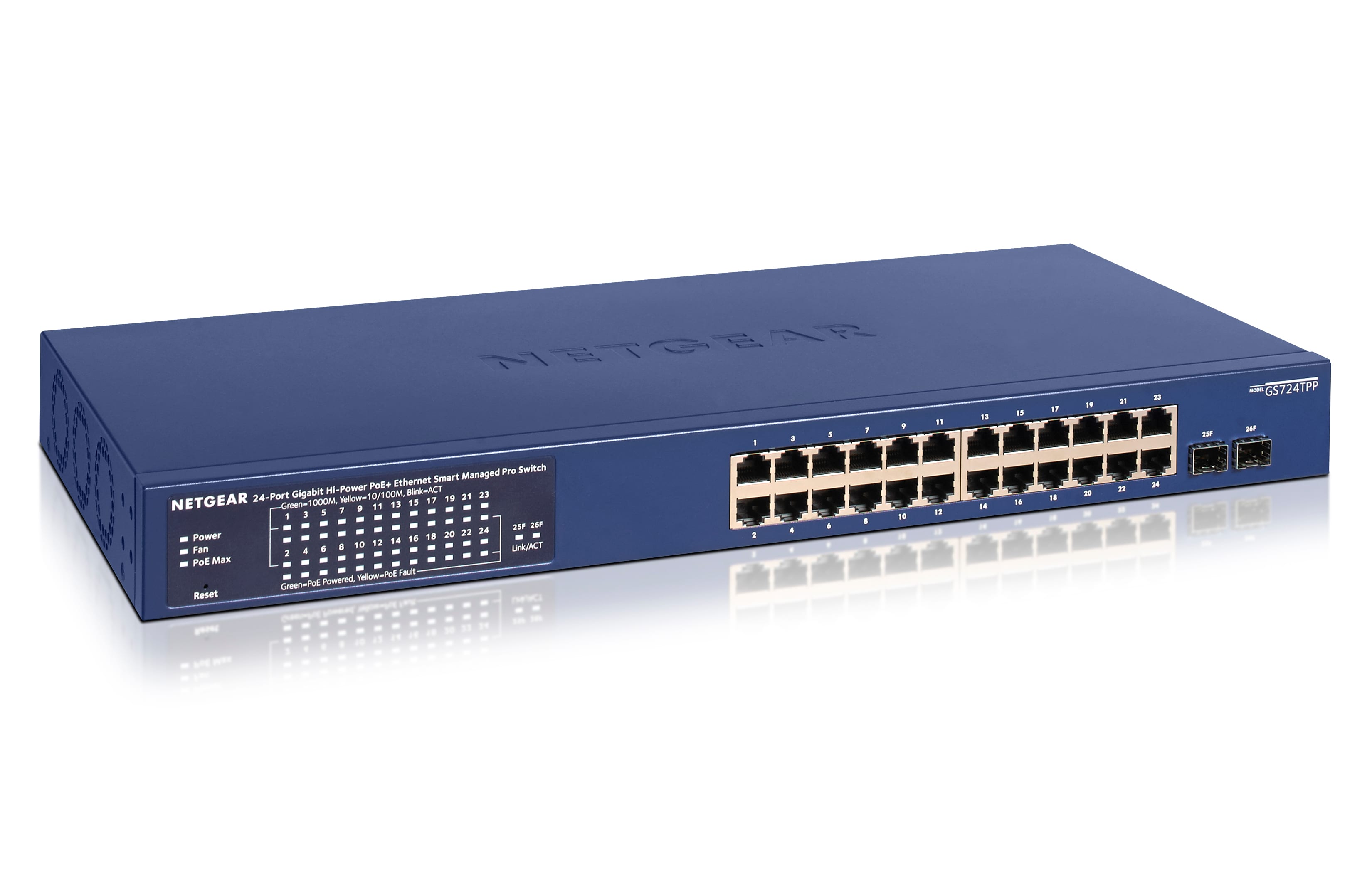 NETGEAR (GS724TPPV3) Smart Web Switch Manageable Gigabit PoE 26 Ports - Managed in der Cloud, 24 380 W PoE+ Ports, 2 1 Gigabit SFP Ports, Desktop oder Rack und begrenzter lebenslanger Schutz