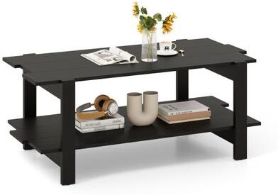 Costway 2-Tier Coffee Table Slatted Wood Center Table with Storage Shelf-Black