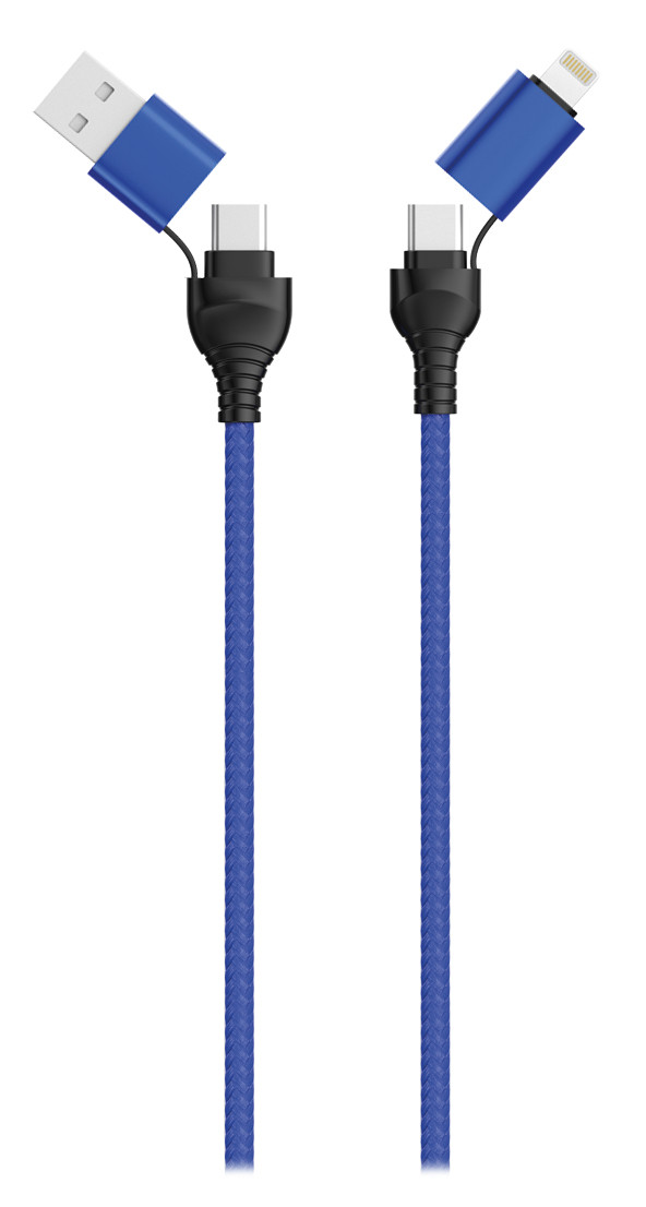 2GO 4-in-1 USB en Type C oplaadkabel met USB-A en Lightning, 1,2 meter, blauw
