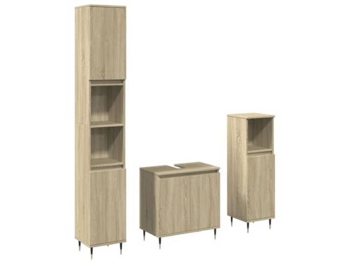 POUFGDR Badezimmermöbel-Set, 3-teilig, Sonoma-Eiche Schrank mit Tür, Eisenbeine, Holzwerkstoff, Wandbefestigung, Aufbewahrung von Seife und Shampoo