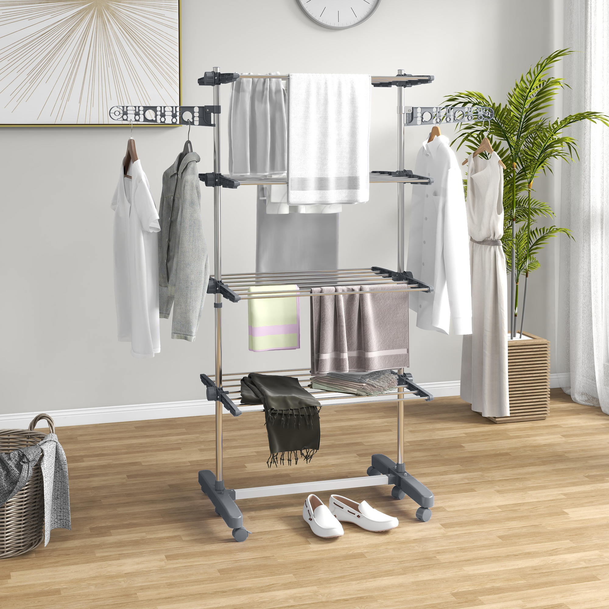 Homcom Stendino Verticale con 4 Ripiani Regolabili, in Acciaio e Plastica, 142x55x172 cm, Grigio e Argento