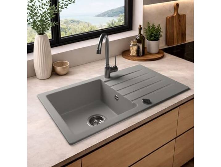 LINDBERGH® Granit Spüle + kompl. Siphon und Imprägnierung mit Abtropffläche, Einbauspüle, Küchenspüle Spülbecken - Verbundstoffe MADE IN GERMANY (MEG33 Grau)